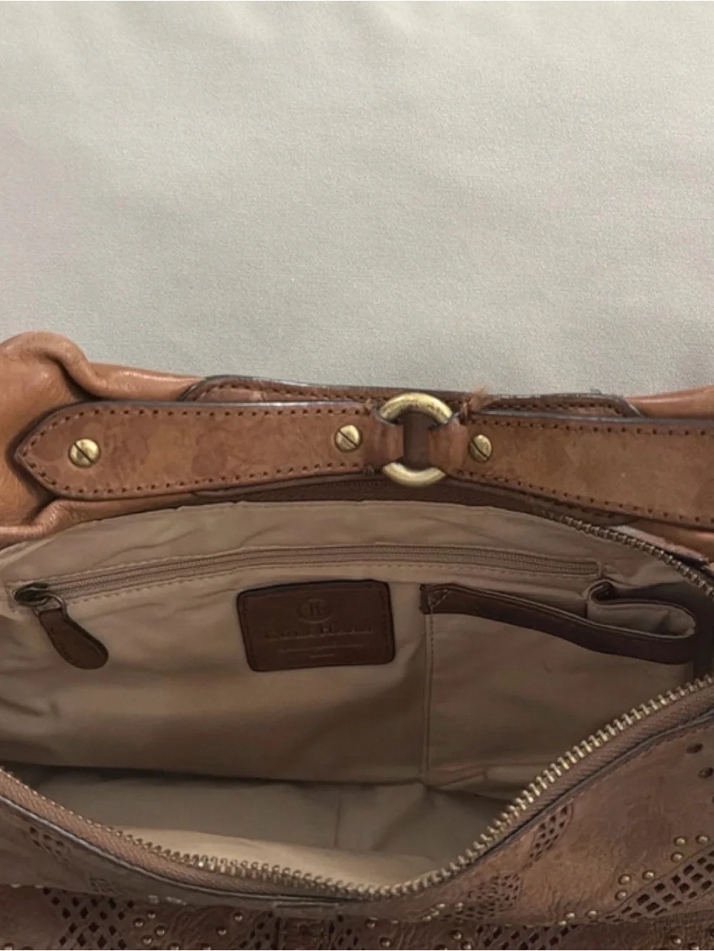 Cole Haan Tan Leather Perforated Hobo with Stud Accents